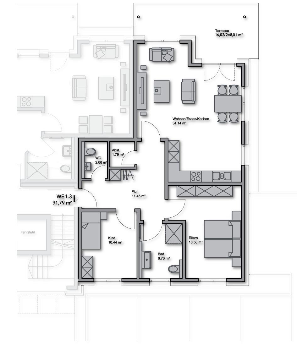 Erdgeschoss-WE-Nr.: 1.3 - 91,79 m²