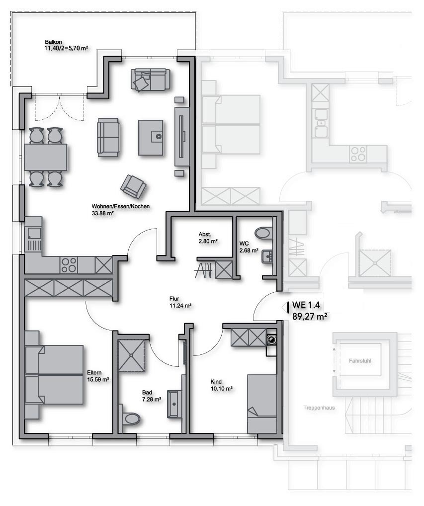 Obergeschoss-WE-Nr.: 1.4 - 89,27 m²