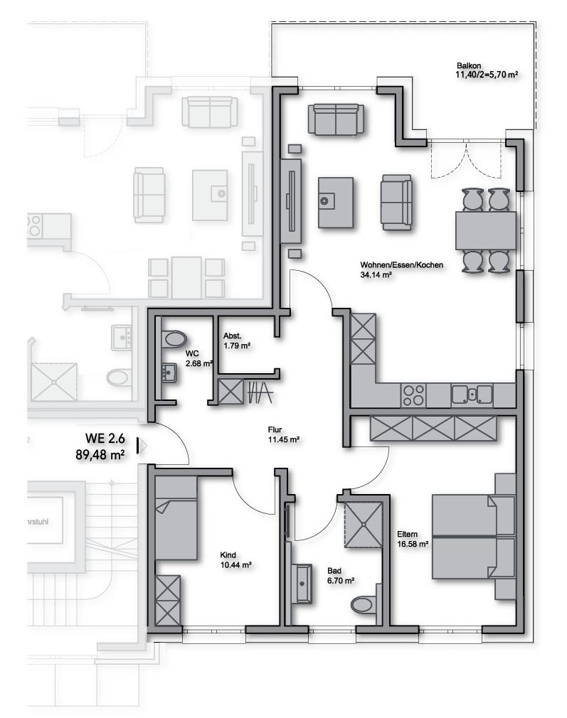 Obergeschoss-WE-Nr.: 1.6 - 89,48 m²